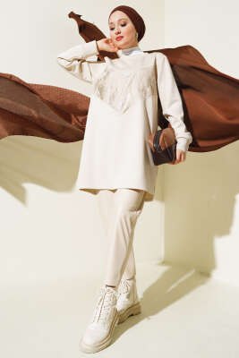 Varak Detaylı Desenli Tunik Bej - Thumbnail