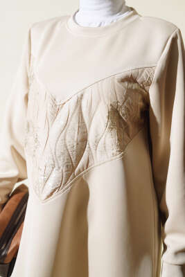 Varak Detaylı Desenli Tunik Bej - Thumbnail