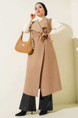 Kruvaze Yaka Uzun Buklet Yelek Vizon - Thumbnail