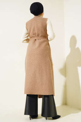 Kruvaze Yaka Uzun Buklet Yelek Vizon - Thumbnail