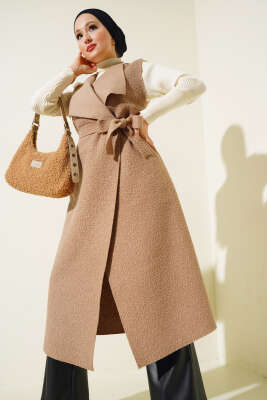 Kruvaze Yaka Uzun Buklet Yelek Vizon - Thumbnail