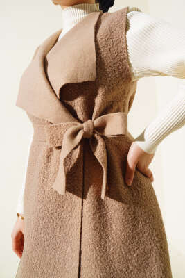 Kruvaze Yaka Uzun Buklet Yelek Vizon - Thumbnail