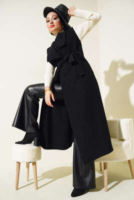 Kruvaze Yaka Uzun Buklet Yelek Siyah - Thumbnail