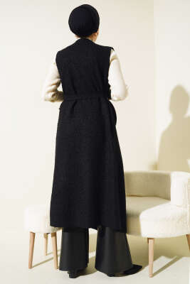 Kruvaze Yaka Uzun Buklet Yelek Siyah - Thumbnail