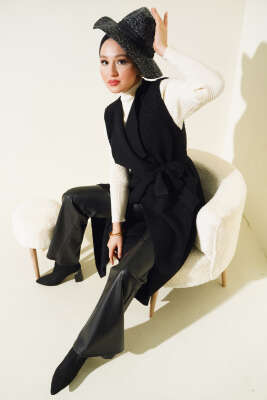 Kruvaze Yaka Uzun Buklet Yelek Siyah - Thumbnail