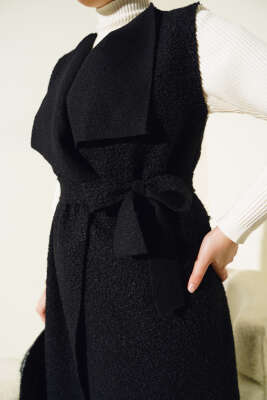 Kruvaze Yaka Uzun Buklet Yelek Siyah - Thumbnail