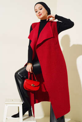 Pazarium - Kruvaze Yaka Uzun Buklet Yelek Bordo