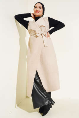 Kruvaze Yaka Uzun Buklet Yelek Bej - Thumbnail