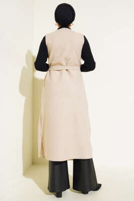 Kruvaze Yaka Uzun Buklet Yelek Bej - Thumbnail