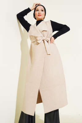 Kruvaze Yaka Uzun Buklet Yelek Bej - Thumbnail