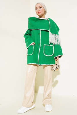 Midye Dikişli Atkılı Ceket Yeşil - Thumbnail