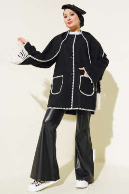 Midye Dikişli Atkılı Ceket Siyah - Thumbnail