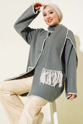 Pazarium - Midye Dikişli Atkılı Ceket Füme