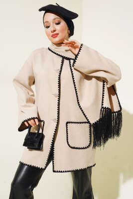 Midye Dikişli Atkılı Ceket Bej - Thumbnail