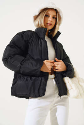 Fermuarlı Kısa Şişme Mont Siyah - Thumbnail