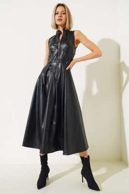 Fermuarlı Sıfır Kol Deri Elbise Siyah - Thumbnail