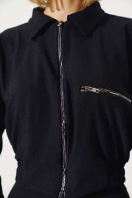 Beli Lastikli Fermuarlı Ceket Siyah - Thumbnail