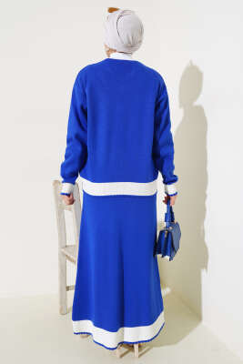 Zikzaklı Gömlek Yaka Etekli Triko Takım Saks - Thumbnail