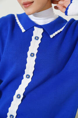 Zikzaklı Gömlek Yaka Etekli Triko Takım Saks - Thumbnail