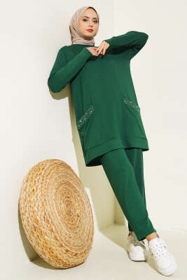 Pazarium - Cebi Taş Süslemeli İkili Takım Zümrüt