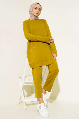 Pazarium - Cebi Taş Süslemeli İkili Takım Yağ Yeşili