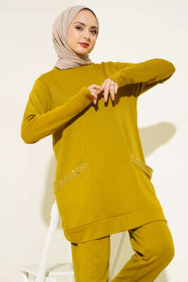 Cebi Taş Süslemeli İkili Takım Yağ Yeşili - Thumbnail