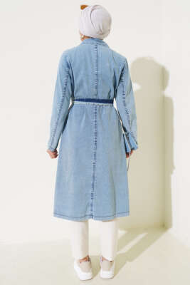 Kruvaze Yaka Kuşaklı Kot Trençkot Buz Mavisi - Thumbnail