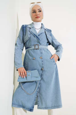 Pazarium - Kruvaze Yaka Kuşaklı Kot Trençkot Buz Mavisi