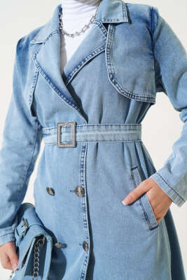 Kruvaze Yaka Kuşaklı Kot Trençkot Buz Mavisi - Thumbnail