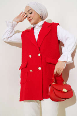 Pazarium - Düğmeli Cepli Buklet Yelek Kırmızı