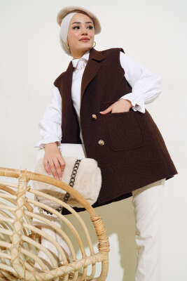 Pazarium - Düğmeli Cepli Buklet Yelek Kahve