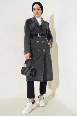 Kruvaze Yaka Kuşaklı Kot Trençkot Füme - Thumbnail