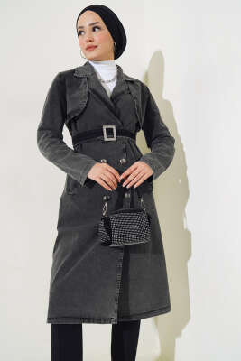 Kruvaze Yaka Kuşaklı Kot Trençkot Füme - Thumbnail