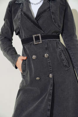 Kruvaze Yaka Kuşaklı Kot Trençkot Füme - Thumbnail