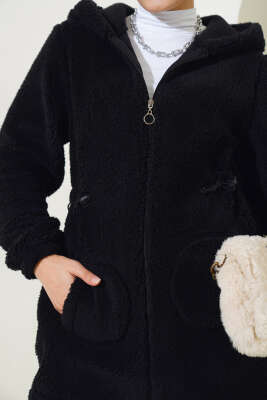 Bel Tünelli Lastikli Peluş Hırka Siyah - Thumbnail