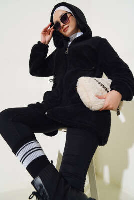 Pazarium - Bel Tünelli Lastikli Peluş Hırka Siyah