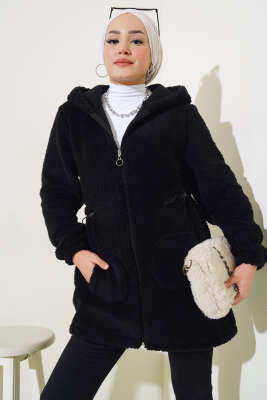 Bel Tünelli Lastikli Peluş Hırka Siyah - Thumbnail