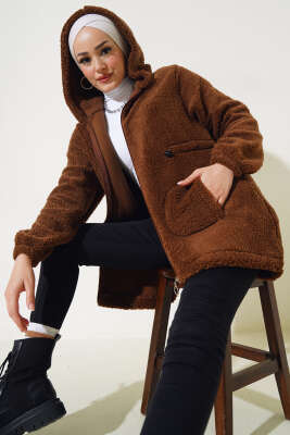 Pazarium - Bel Tünelli Lastikli Peluş Hırka Kestane