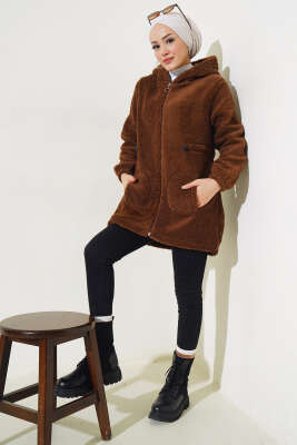 Bel Tünelli Lastikli Peluş Hırka Kestane - Thumbnail