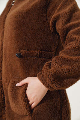 Bel Tünelli Lastikli Peluş Hırka Kestane - Thumbnail