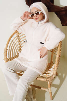 Pazarium - Bel Tünelli Lastikli Peluş Hırka Ekru