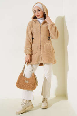 Bel Tünelli Lastikli Peluş Hırka Camel - Thumbnail