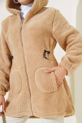 Bel Tünelli Lastikli Peluş Hırka Camel - Thumbnail