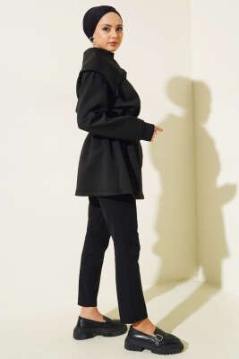 Fermuarlı Bel Lastikli Ceket Siyah - Thumbnail