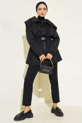 Fermuarlı Bel Lastikli Ceket Siyah - Thumbnail