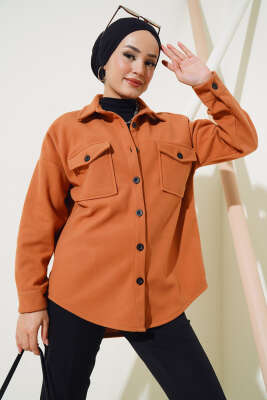 Pazarium - Çift Göğüs Cepli Düğmeli Ceket Kiremit