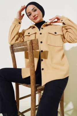 Pazarium - Çift Göğüs Cepli Düğmeli Ceket Camel