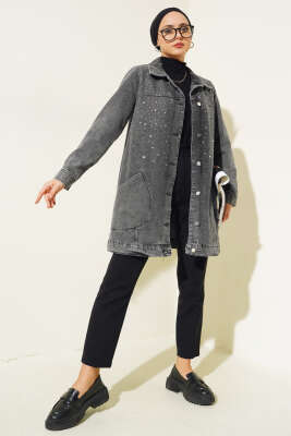 Önü Taş Süslemeli Kot Ceket Füme - Thumbnail