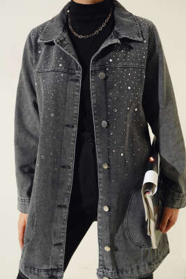 Önü Taş Süslemeli Kot Ceket Füme - Thumbnail