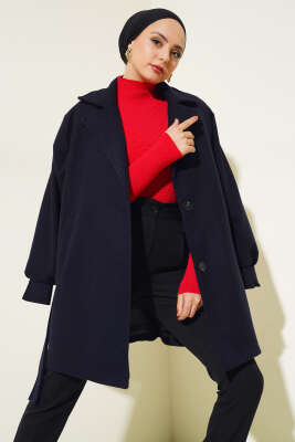 Pazarium - Kol Pensli Kuşaklı Kaşe Kaban Lacivert